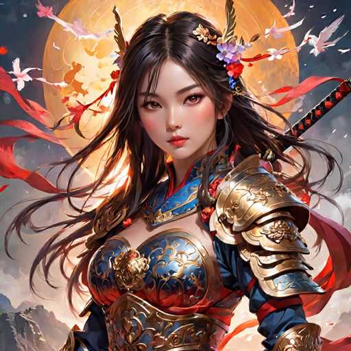 The image depicts a woman with long dark hair wearing a blue and gold armor suit adorned with intricate designs. She is holding a sword in her right hand and has a flower in her left ear. The background features a full moon and white clouds against a dark sky.