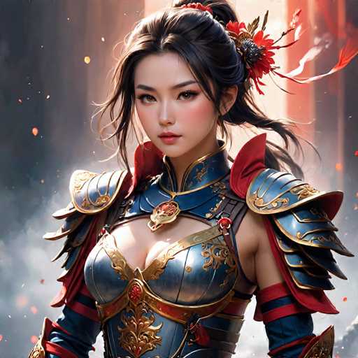 A woman with dark hair and a red flower in her hair is the main subject of this digital illustration. She is wearing a blue and gold armor suit that has intricate designs on it, giving her an air of regality or strength. The background features a blurred image of a building, adding depth to the scene and creating a sense of mystery.