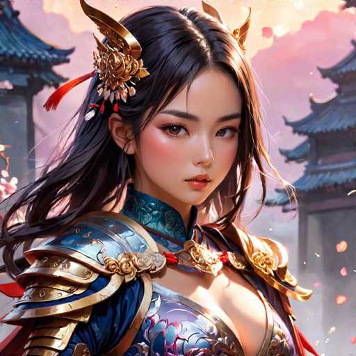 The image shows a close-up portrait of a woman with long dark hair and striking blue eyes. She is wearing a traditional Chinese armor outfit that includes a gold headpiece adorned with flowers and a red scarf tied around her neck. The background features a scene from an oriental palace, suggesting the setting might be a historical or cultural event.