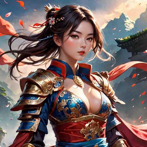 The image depicts a woman with long dark hair wearing a blue and gold armor suit adorned with intricate designs. She is also wearing a red headband and a matching red scarf wrapped around her neck. The background features a mountainous landscape under a clear sky, suggesting an outdoor setting or perhaps a historical period.