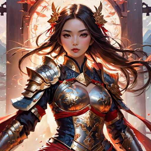 The image depicts a woman with long dark hair wearing a blue and gold armor suit adorned with red accents. She is standing in front of an archway that has a golden design on it, suggesting a historical or fantasy setting. The background features a sky filled with clouds, adding depth to the scene.