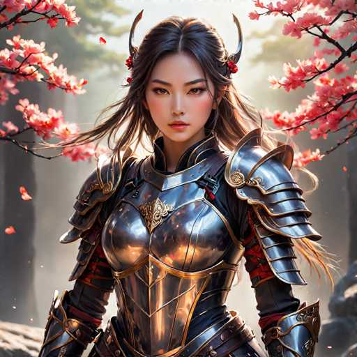 A woman with long brown hair and a red flower on her head is wearing a full metal suit of armor that includes a helmet and breastplate. The background features pink flowers and trees, creating an impressionistic style.