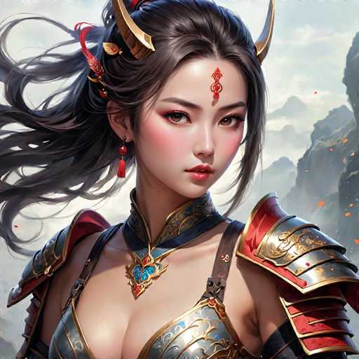 The image depicts a woman with long dark hair wearing a red and gold outfit that includes a corset and armor. She is wearing earrings and has a red dot on her forehead. The background features a mountainous landscape with trees and rocks scattered throughout the scene.