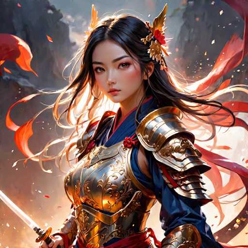 The image depicts a woman with long dark hair wearing a gold and red outfit adorned with intricate designs. She is holding a sword and shield, suggesting she may be a warrior or knight. The background features a mountainous landscape under a clear blue sky, creating an atmosphere of adventure and danger.