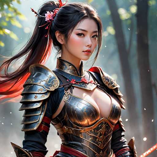 The image depicts a woman wearing a medieval-style armor suit with a red and gold design on the chest plate. She is holding a sword in her right hand and has long hair styled in an updo. The background features trees and foliage, suggesting that she might be in a forest or wooded area.