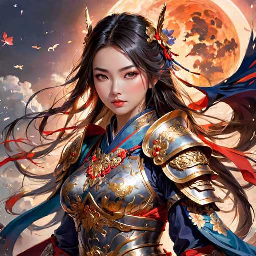 The image depicts a woman with long dark hair wearing a traditional Chinese armor outfit that includes a blue and gold dress adorned with red flowers. The woman is also wearing a headdress featuring two horns and a necklace with a large pendant at the center of her neck. She stands in front of a full moon, which casts an ethereal glow on the scene.