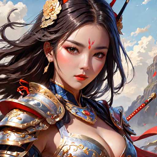 The image depicts a woman with long dark hair wearing a traditional Chinese armor outfit and red lipstick. She is holding a sword in her right hand and has a flower on her head. The background features a mountainous landscape under a clear blue sky.