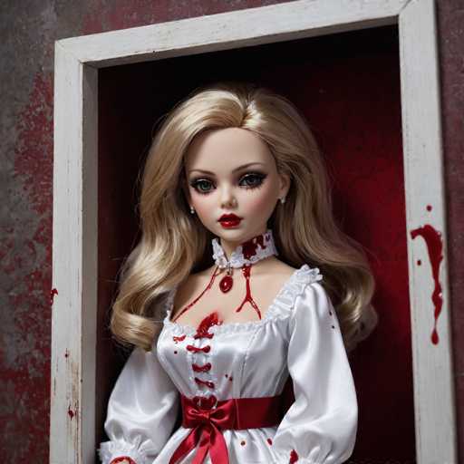 A blonde doll with red lips and a white dress is standing against a red wall with blood splatters on it. The doll has a red ribbon around her neck and a red bow in her hair.