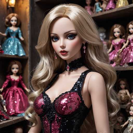 The image shows a collection of dolls and dollhouses arranged on shelves. The main focus is a blonde-haired doll wearing a black dress with pink sequins, standing against the backdrop of other dolls in various outfits and settings.