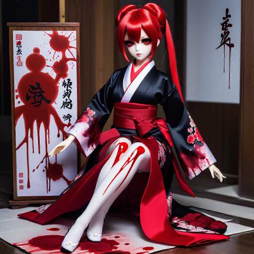 A doll with red hair and a black kimono is seated on the floor of a room with white walls and a wooden door. The doll's dress is adorned with pink flowers and there is blood splattered across it.