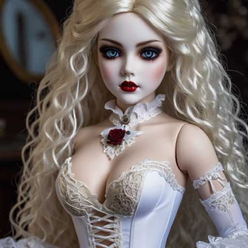 A blonde doll with blue eyes and a red rose necklace is posed against a dark background. The doll's dress is white with lace detailing, and she wears a corset that accentuates her figure.