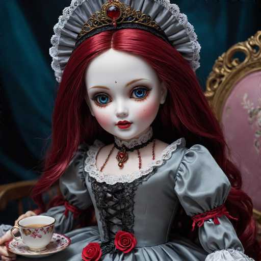 A doll with long red hair and a blue eyeshadow look is sitting on a chair holding a cup of tea. The doll's dress features lace details and a red rose as part of the outfit.