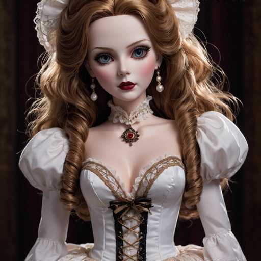 The image shows a doll with long blonde hair and blue eyes wearing a white dress with lace sleeves and a red brooch on her chest. The doll is standing against a dark background, which contrasts with the light-colored outfit she's wearing.