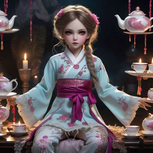 A doll with long blonde hair and a pink sash is seated on a table surrounded by an array of tea cups and saucers. The doll's attire consists of a traditional Chinese dress adorned with pink flowers. In the background, there are two people dressed in traditional Chinese clothing, suggesting that this scene takes place in a cultural setting or event.