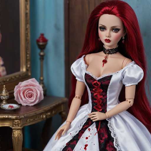 A doll with long red hair and a white dress is posed on her left side against a blue wall backdrop. The doll's face features a serious expression as she gazes directly at the camera. To the right of the doll, there is a pink rose placed on a table.