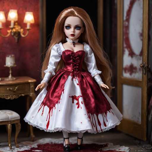 A doll with long blonde hair and striking red eyes is standing on a white rug in front of an ornate gold-colored door. The doll is dressed in a white dress with red blood stains running down the sleeves, giving it a gothic appearance. A candle can be seen on a table next to the doll, adding to the eerie atmosphere of the scene.