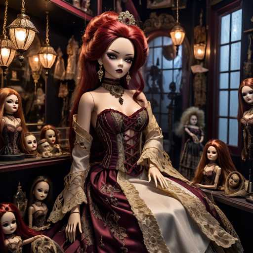 The image depicts a doll with long red hair and a red dress sitting on a bench surrounded by other dolls. The doll is wearing a crown and has a parasol over her head. The setting appears to be an indoor space with a window in the background that allows natural light to enter, creating a warm and inviting atmosphere.