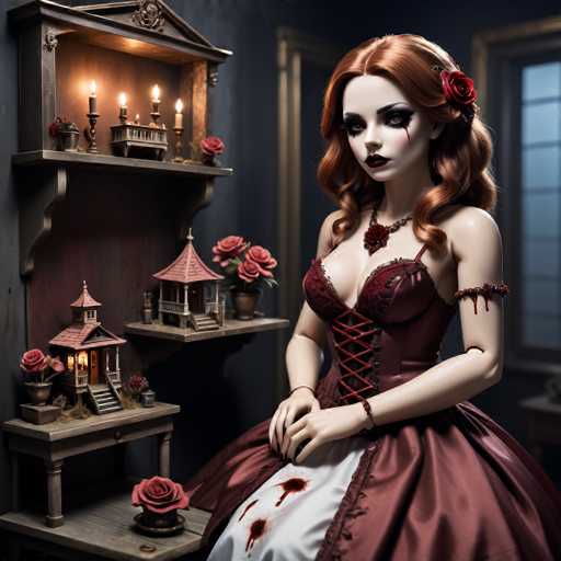 A woman with red hair and a red dress stands in front of a shelf filled with dolls and other figurines, including a miniature gothic house and roses.