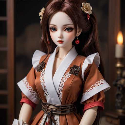 The image shows a doll with long brown hair and red flowers on her ears, dressed in an orange kimono with white lace trim. The doll is standing against a dark background, which contrasts with the light-colored outfit she's wearing.