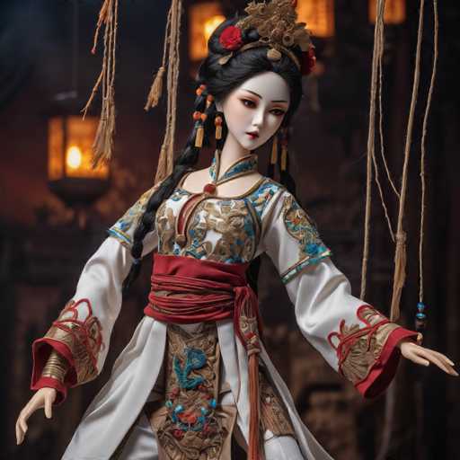 The image shows a doll dressed in traditional Chinese clothing with a red and gold sash around her waist. The doll is positioned facing the camera, with her arms outstretched as if she's dancing or posing for a photo. The background features a dark room with hanging lanterns that cast an ethereal glow on the scene.