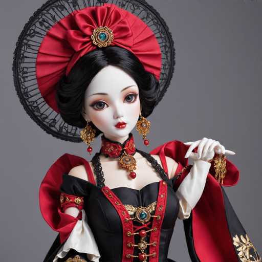 The image shows a doll with striking features and attire. The doll has black hair and is wearing a red headpiece adorned with gold accents. She is dressed in a traditional Chinese outfit consisting of a black dress with white sleeves and a matching red skirt. The doll's face is painted white, accentuating her porcelain skin tone. The doll is positioned against a gray background, which contrasts with the vibrant colors of her attire.