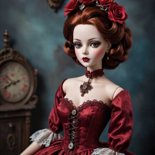 A doll with long red hair and a red dress is posed against a dark blue background. The doll has a red headband adorned with roses and a necklace featuring a large pendant. A clock can be seen in the background on the left side of the image.