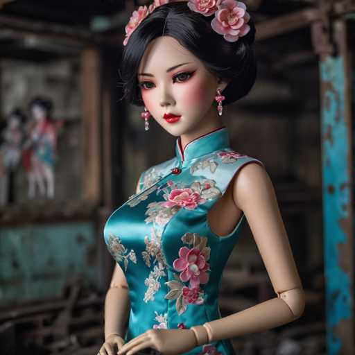 A doll with black hair and a blue dress adorned with pink flowers stands against the backdrop of an old building. The doll is wearing a traditional Chinese outfit that includes a red collar and a gold brooch on her dress.