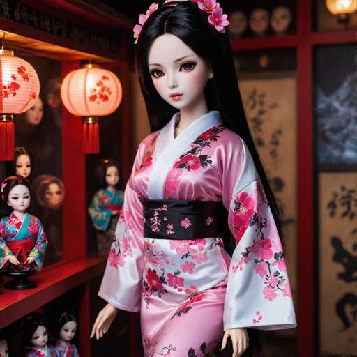 The image shows a doll wearing a pink and white kimono with black floral accents. The doll is standing against the backdrop of a red wall adorned with paper lanterns. In front of her, there are other dolls displayed on shelves.