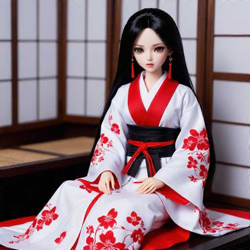 A doll is seated on a red and white floral-patterned cushion with her hands resting on the table. She wears a traditional Japanese kimono with a black belt and red flowers adorning the sleeves. The doll's hair is styled in loose waves, and she gazes directly at the camera.