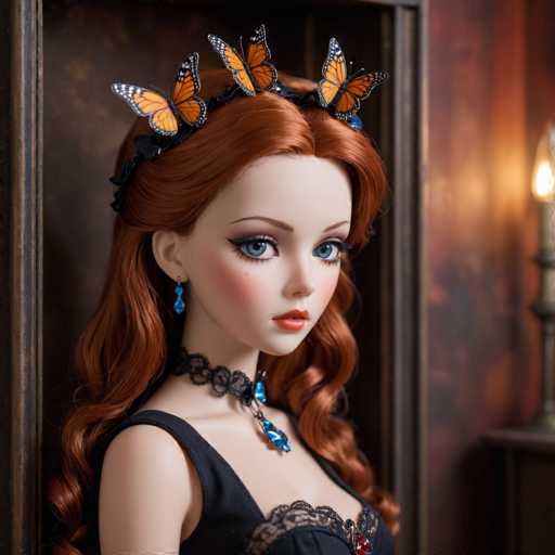 A doll with long red hair and a black dress is posed against a dark brown wall with a gold-colored door frame. The doll's face features blue eyes and a red nose, and she wears an orange butterfly headband adorned with blue jewels.