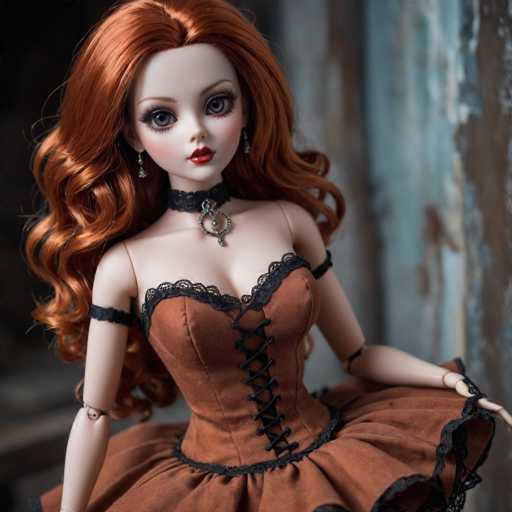 A doll with long red hair and a brown dress is posed against a blue wall backdrop. The doll has a black necklace around her neck and a gold earring on her left ear.