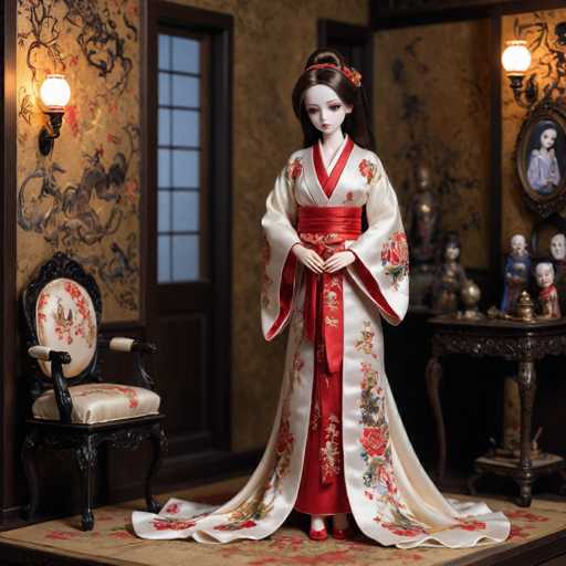 The image depicts a doll wearing an ornate red and white kimono with intricate floral patterns, standing on a wooden floor against a backdrop of a traditional Japanese room. The doll is positioned in front of a window adorned with a black curtain that allows soft light to filter into the room. To the right of the doll, there are two small figures - one dressed as a geisha and the other as a monk.