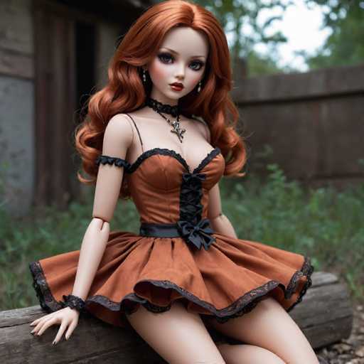 A doll with red hair and a brown dress is sitting on a wooden bench outside of an old building. The doll has a black necklace around her neck and is wearing a black belt cinched at the waist.