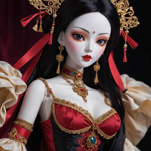 A doll with long black hair and a red headband is posed against a dark background. The doll wears a red dress with gold accents and a matching red headband. A gold necklace and earrings complete the outfit.