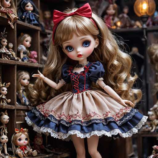 A doll with blonde hair wearing a blue dress and red bow stands on her tiptoes against the backdrop of a store filled with other dolls.