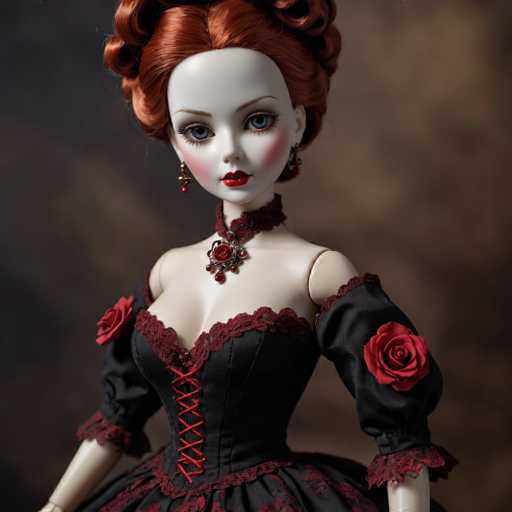 A doll with red hair styled in a bun and wearing a black dress adorned with red roses sits against a dark background. The doll's face is lit up with a smile, and she wears a necklace with a large pendant featuring a red gemstone at the center of her outfit.