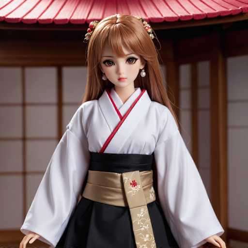 A doll with long brown hair and a red flower on her head is standing against a white wall with a red roof. The doll is wearing a traditional Japanese kimono with a black belt and gold accents.