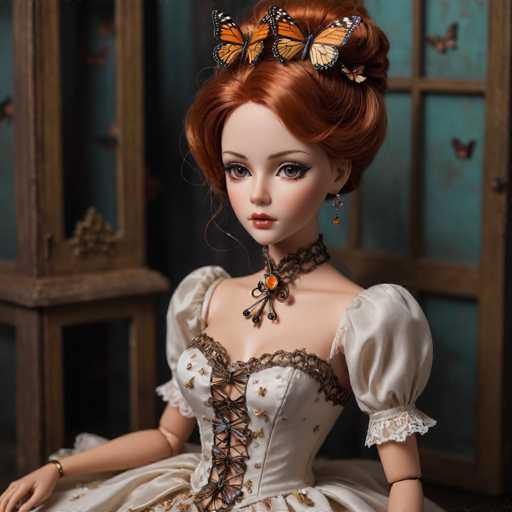 A doll with red hair and a white dress is seated on a wooden bench against a blue wall adorned with butterflies. The doll wears an ornate necklace and earrings, and the background features a window with butterfly motifs.