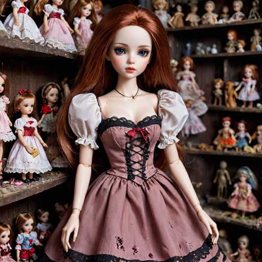 A doll with long red hair and a pink dress stands on a shelf filled with other dolls. The doll is wearing a corset and has a red ribbon tied around her neck.