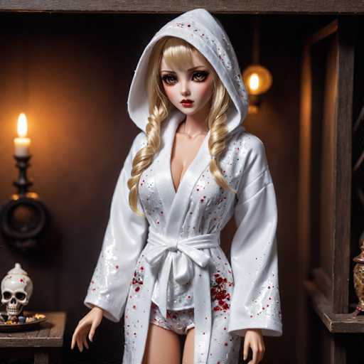 A doll with blonde hair and blue eyes is standing against a dark background. The doll is wearing a white robe with red flowers on the sleeves and a hooded white jacket over it. A candle is placed to her left, casting a warm glow that illuminates the scene.