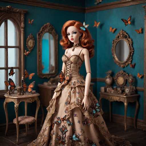 The image depicts a doll with red hair and an orange dress standing in front of a mirror. The doll is wearing a corset and has butterfly wings on her shoulders. She is positioned in the center of the frame against a blue wall adorned with gold accents. A clock can be seen hanging above the doll, and there are butterflies fluttering around the room.