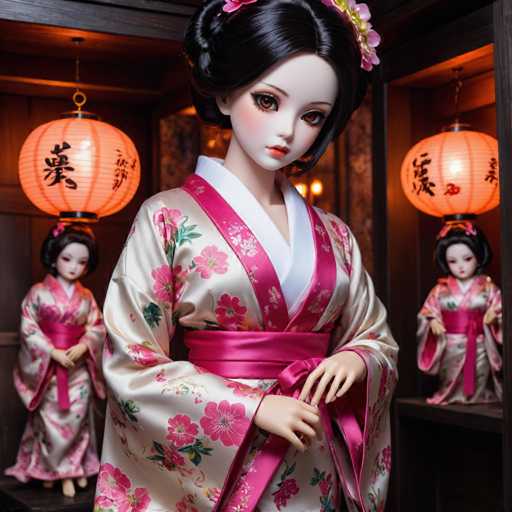 The image shows three dolls dressed in traditional Japanese kimonos with pink and white floral patterns. The doll on the left is wearing a pink and white floral dress with a sash around her waist, while the other two dolls are wearing similar dresses. The background features two lanterns hanging from the ceiling - one red and one orange.