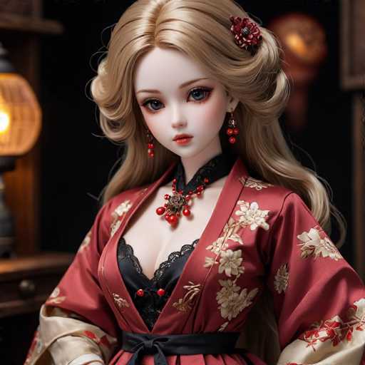 A doll with blonde hair wearing a red and gold kimono with a black sash around her waist is the main subject of this image. The doll has a red flower on her head and is dressed in traditional Japanese clothing. She is standing against a dark background, which contrasts with her colorful attire.