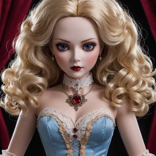 A doll with blonde hair styled in loose curls and wearing a blue dress with lace detailing and a red gemstone necklace. The doll is positioned against a black background with a red curtain visible behind her.