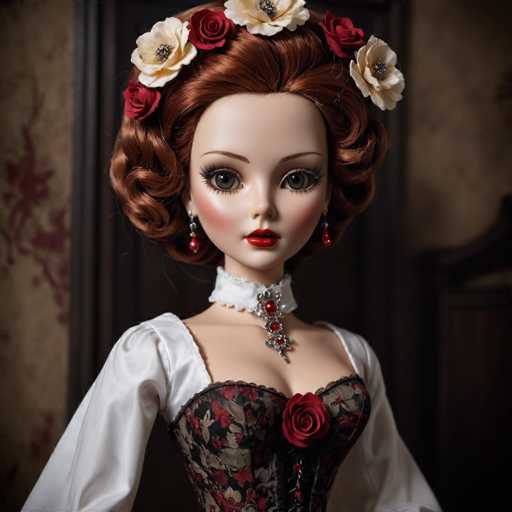 A doll with long red hair styled in an updo and wearing a corset is the main subject of this image. The doll has a white dress adorned with black lace and a red rose on her head. She is positioned against a backdrop that includes a wooden door and a wall covered in red paint splatters, suggesting an old or historic setting.