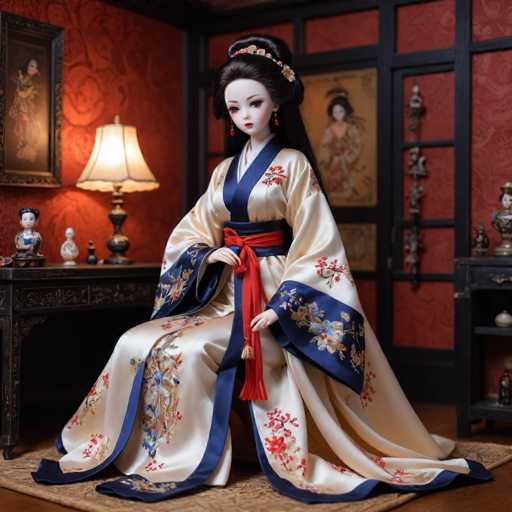 A doll is seated on a brown carpeted floor in front of a red wall with a black door and window. The doll is wearing a traditional Chinese dress with blue and white floral patterns, and a red sash around her waist. A lamp is positioned to the left of the doll, casting light onto it.