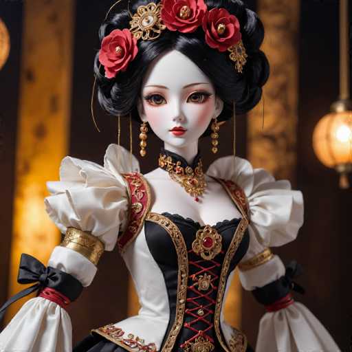 The image shows a doll with black hair and white skin wearing a red and gold outfit that includes a corset, ruffled sleeves, and a large headdress adorned with flowers. The doll is positioned in front of a yellow wall, which serves as the backdrop for the scene.