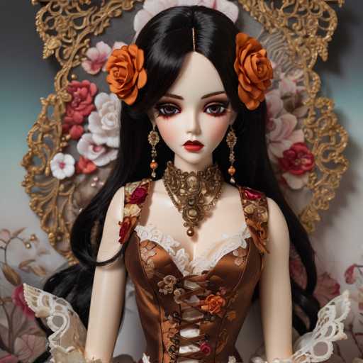 The image shows a doll with long black hair and brown eyes wearing an ornate dress with lace sleeves and a corset. The doll is positioned against a floral background that includes pink and white flowers.