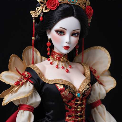 The image shows a doll with black hair and white skin wearing a red and gold dress with a large collar and a crown on her head. The doll is positioned against a black background, which contrasts with the vibrant colors of her outfit.