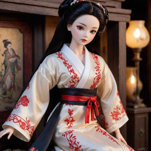 A doll with long black hair and dark makeup is seated on a wooden chair against the backdrop of a traditional Chinese room. The doll is wearing a white kimono adorned with red flowers and a matching red sash around her waist. A lamp stands to the right side of the image, casting light onto the scene.